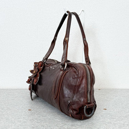 Genuine Pre-Owned miu miu leather flower studs handbag mini Boston Brown