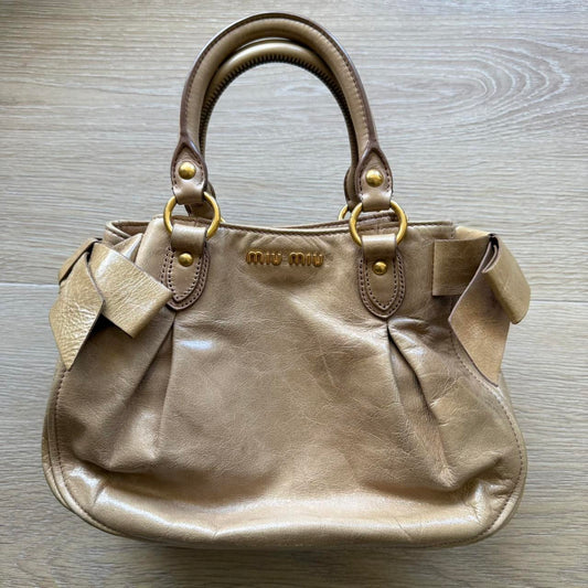 Miu Miu Vitello 2WAY Small Beige Shoulder Bag Crossbody Leather w/Ribbons