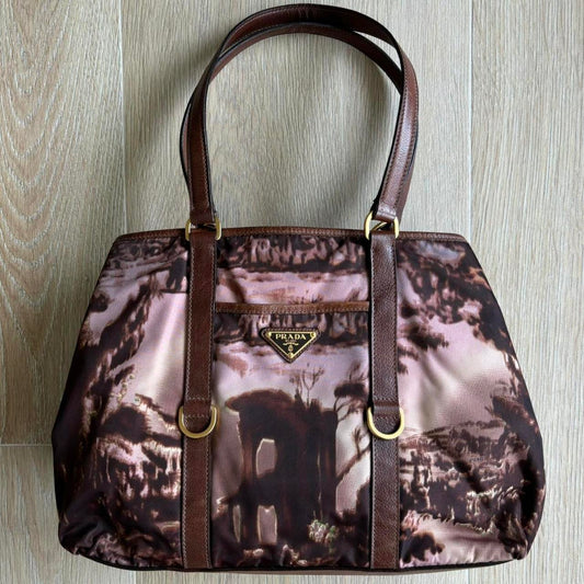 Prada Tote Bag - Landscape Print, Pink Multi Nylon/Leather Y2K Rare