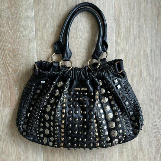 Miu Miu Leather Studded Y2K Handbag w/ Braids &amp; Beads