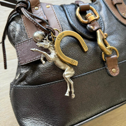 Chloe Kerala Handbag w/ Horse Charms Black/Silver/Brown Leather Y2K