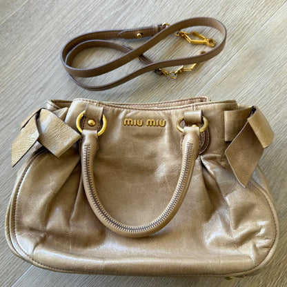 Miu Miu Vitello 2WAY Small Beige Shoulder Bag Crossbody Leather w/Ribbons