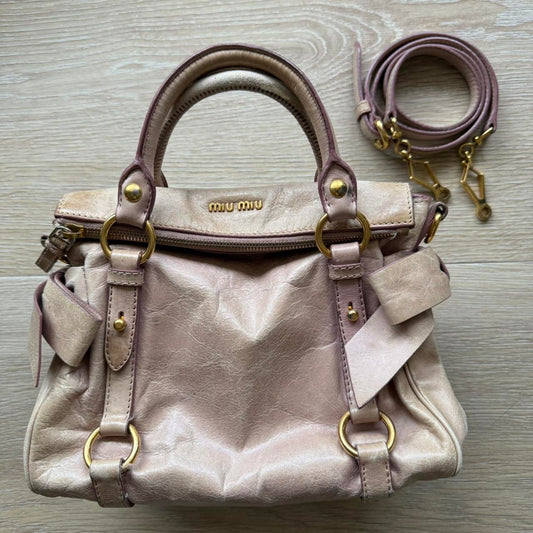 Miu Miu Vitello Mini Small Beige Shoulder Bag Crossbody Leather Ribbons