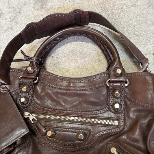 BALENCIAGA Y2K Giant City Brown Leather 2-Way Shoulder Bag Handbag AUTHENTIC ES1