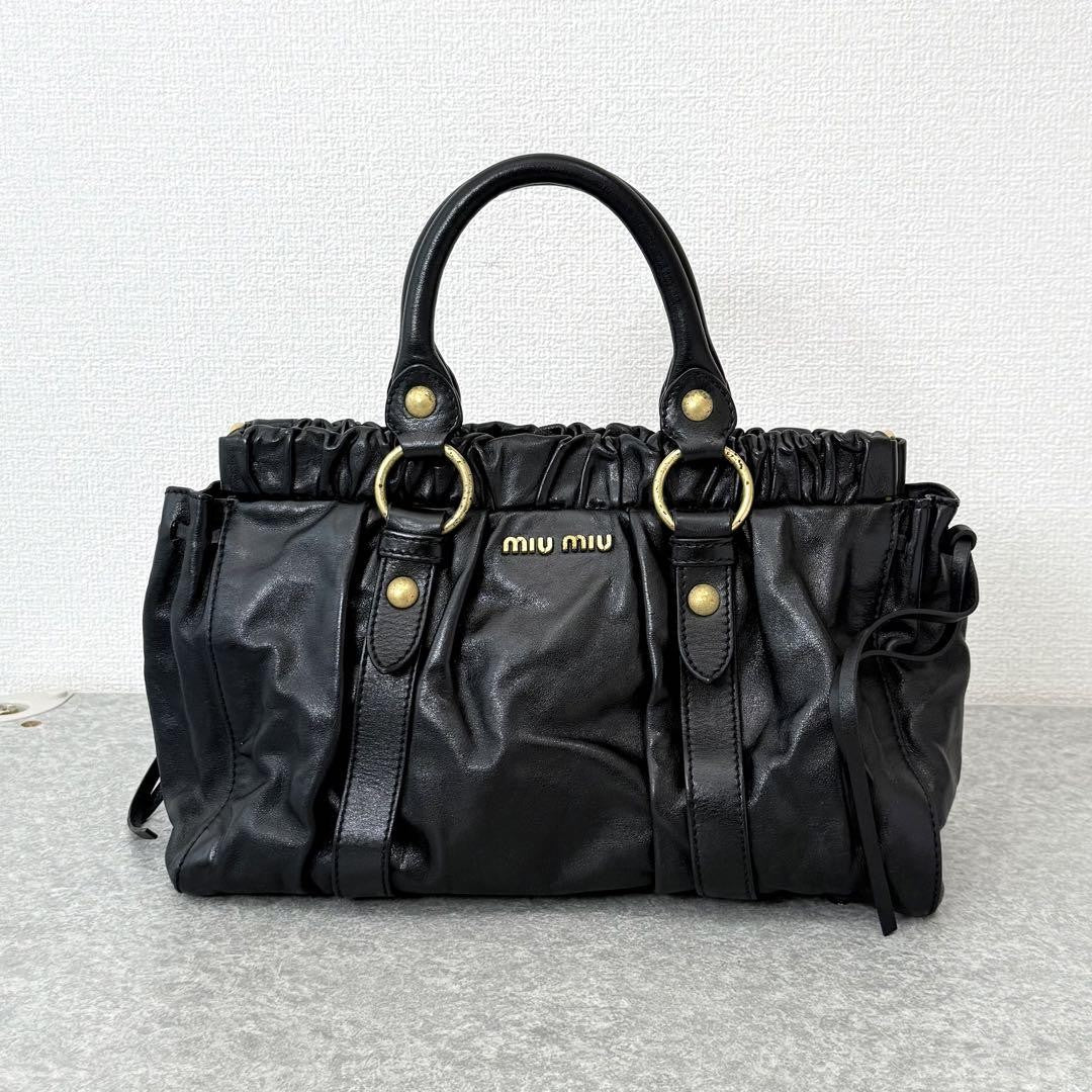 Rare Miu Miu VITELLO LUX 2way Handbag Shoulder bag Leather Black Used