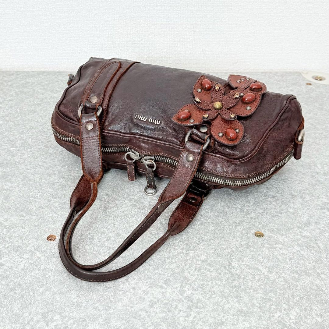 Genuine Pre-Owned miu miu leather flower studs handbag mini Boston Brown