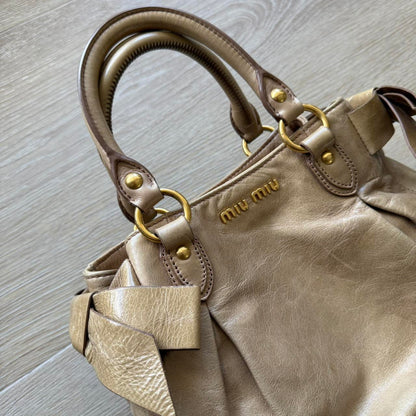 Miu Miu Vitello 2WAY Small Beige Shoulder Bag Crossbody Leather w/Ribbons