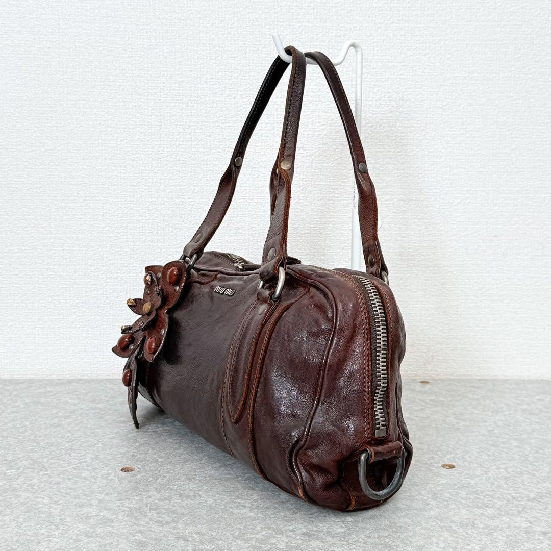 Genuine Pre-Owned miu miu leather flower studs handbag mini Boston Brown