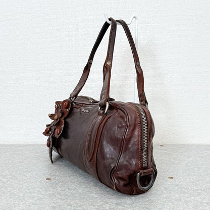 Genuine Pre-Owned miu miu leather flower studs handbag mini Boston Brown