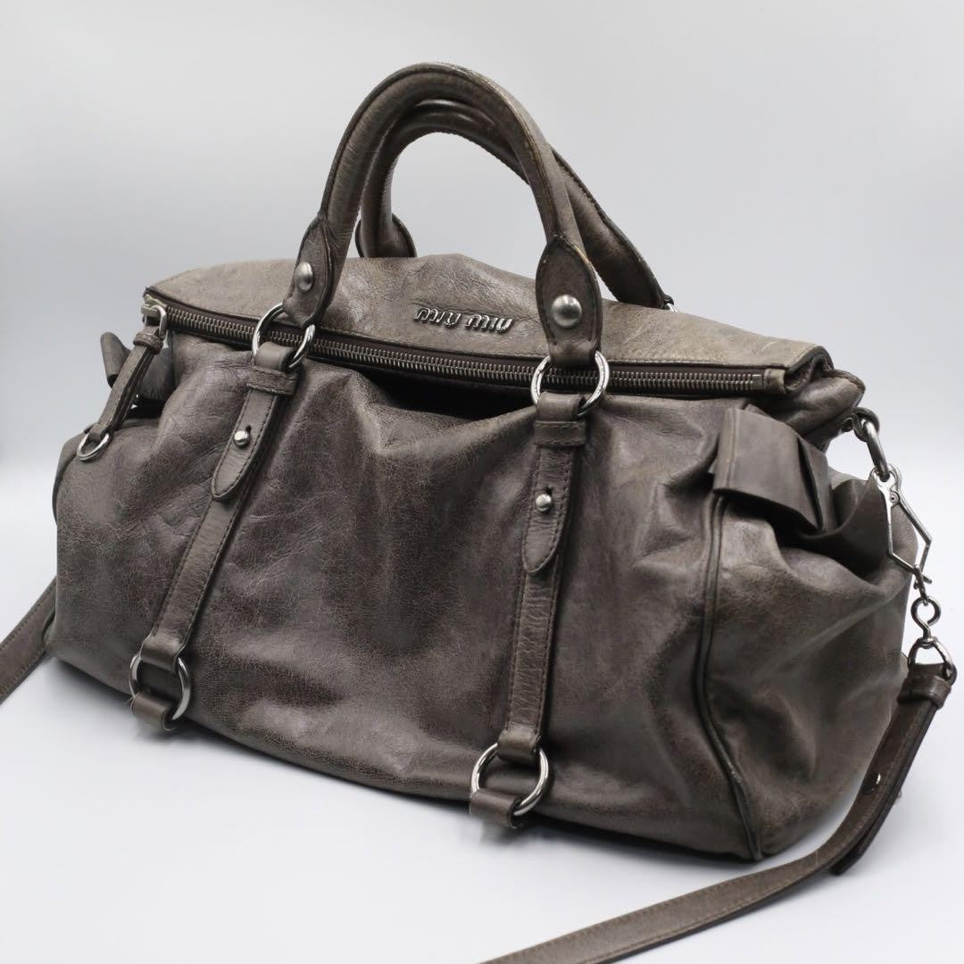 Genuine Pre-Owned miu miu Vitello Lux Ribbon 2way Bag grey