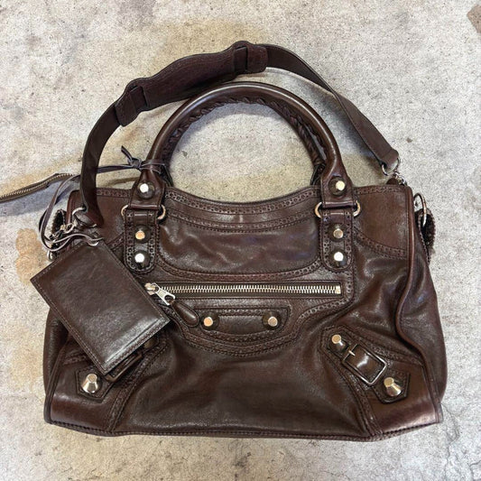 BALENCIAGA Y2K Giant City Brown Leather 2-Way Shoulder Bag Handbag AUTHENTIC ES1