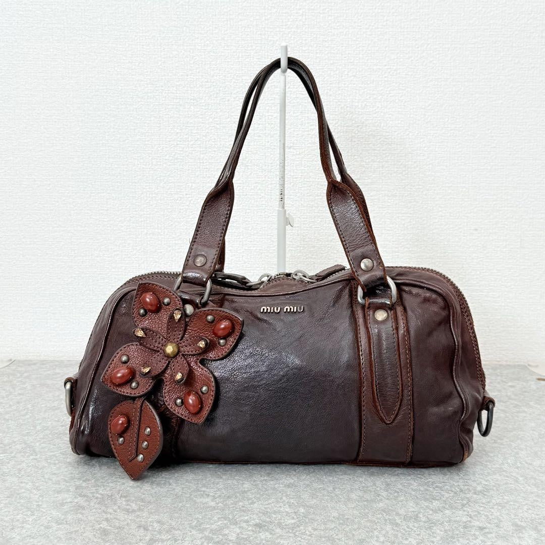 Genuine Pre-Owned miu miu leather flower studs handbag mini Boston Brown